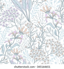vector floral seamless pattern with pastel hand drawn plants and herbs