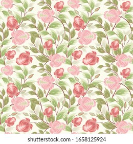 Vector floral seamless pattern with peonies. Folk style painting. Vintage texture with small pink and red peony flowers, green leaves. Abstract botanical ornament background. Repeat decorative design