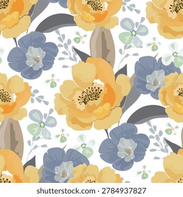 Vector floral seamless pattern with peonies and morning glory. Yellow and blue flowers on a white background