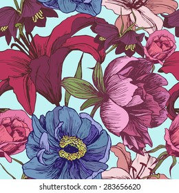 Patrón vectorial sin soldadura con peonías, lirios, rosas en estilo vintado