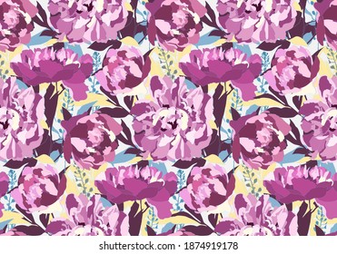 Patrón vectorial sin costuras floral con flores de peonía. peonías púrpura, hojas azules, marrones y amarillas sobre un fondo blanco. Para el diseño decorativo de cualquier superficie.