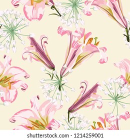 Vector floral seamless pattern with pink lilies and white flowers. Floral background in vintage style.