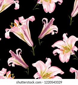 Vector floral seamless pattern with pink lilies flowers. Floral background in vintage style. Black backdrop.