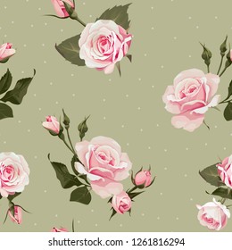 Vector floral seamless pattern with pink rose flowers on polka dots olive background