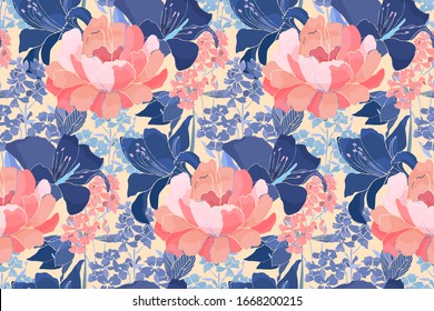 Vector floral seamless pattern. Pink peony, blue lily flowers, buds isolated on ivory background. For home textiles, fabric, wallpaper design, accessories, digital paper.