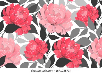 Vector floral seamless pattern. Pink peonies, grey leaves isolated on white background. For home textiles, fabric, wallpaper design, accessories, digital paper.