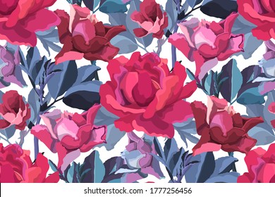 Vector floral seamless pattern. Pink, burgundy, maroon, purple garden roses, blue branches with leaves isolated on white. Flowers background.