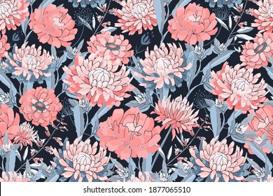 Vector floral seamless pattern. Pink asters, chrysanthemums, zinnias, blue stems and leaves. Autumn flowers isolated on a dark blue background.