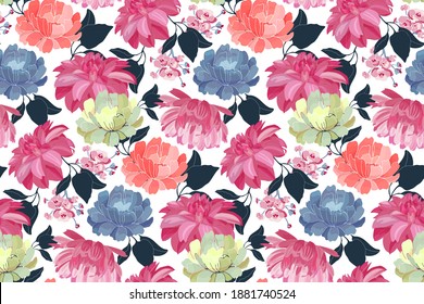 Vector floral seamless pattern. Pink, blue, yellow, coral color flowers, blue leaves isolated on a white background.