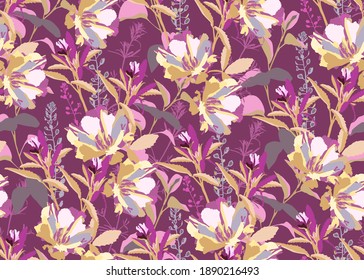 Vector floral seamless pattern. Pink, grey, white, light yellow, purple flowers and leaves isolated on a purple background. For decorative design of any surfaces.