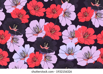 Vector Floral Seamless Pattern. Pink, Red, Dark Purple Flowers Isolated On A Dark Purple Background. 