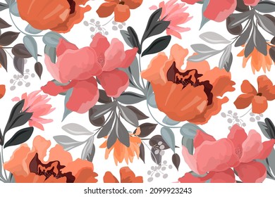 Patrón vector floral sin soldadura. Flores rosas, rojas y naranjas, brotes y hojas grises sobre un fondo blanco. Diseño con repitiendo elementos florales y vegetales para tejidos, tapices y más.