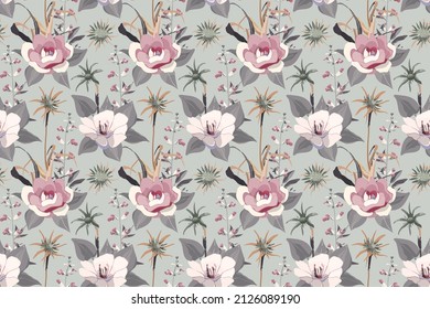 Vector floral seamless pattern. Pink and white pastel flowers, gray leaves on a light gray background. Floral design for fabrics, wallpapers, cards and more.