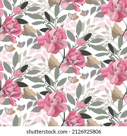 Vector floral seamless pattern. Pink flowers and butterflies on a white background.