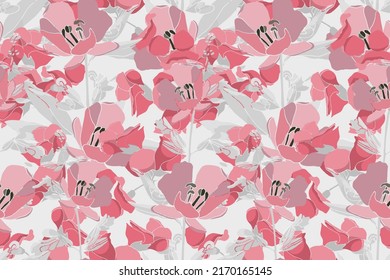 Vector floral seamless pattern. Pink flowers, gray leaves and twigs on a light gray background. Floral illustration for decorating surfaces, wallpapers, greeting and invitation cards and more.
