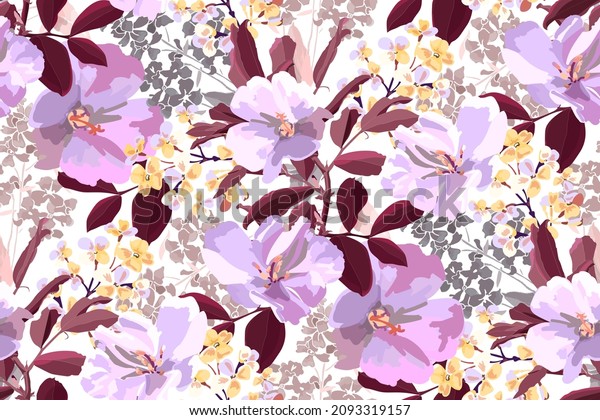 Vector floral seamless pattern. Pink, purple and yellow flowers with burgundy leaves isolated on a white background. Artistic floral designs with repeating elements for wallpapers, fabrics, and more.