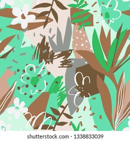 Vector floral seamless pattern. Plane flowers, petals, leaves with geometrical shape and doodle elements such as dots, scribbles and stripes. Colorful botanical background for textile and surface.