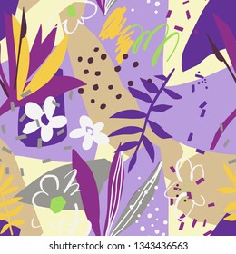 Vector floral seamless pattern. Plane flowers, petals, leaves with geometrical shape and doodle elements such as dots, scribbles and stripes. Colorful botanical background for textile and surface.