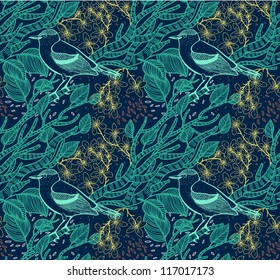 vector floral seamless pattern with plants and birds