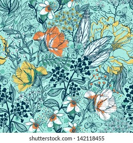 vector floral seamless pattern with plants, herbs and flowers