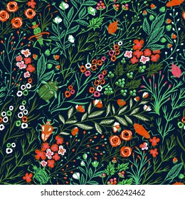 vector floral seamless pattern with plants, flowers and insects