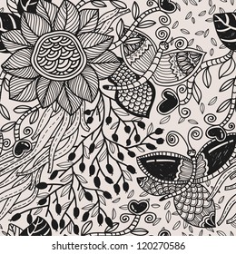 vector floral seamless pattern with plants,flowers and butterflies