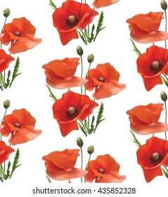 Vector floral seamless pattern with poppies on white background. Vector illustration.