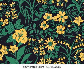 Vector floral seamless pattern. Pretty pattern in small yellow flowers. Black background. Liberty style. The elegant the template for fashion prints.