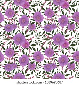 Vector floral seamless pattern. Purple flowers on white background. Design for fabric, wallpapers, bed linens, tableclothes, etc.