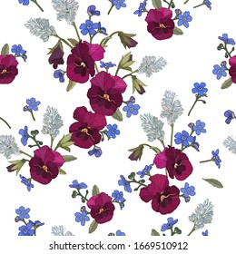 Vector de estampado floral sin fisuras con púrpura, y olvidarme de las flores
