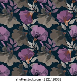 Vector floral seamless pattern. Purple and coffee-colored flowers isolated on a dark background. Illustration with floral elements for wallpapers, fabrics, layouts and so on.