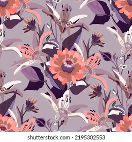 Patrón vectorial sin costuras floral con flores moradas y de color coral. Diseño floral para decorar superficies, fondos de pantalla, tarjetas, plantillas y más.