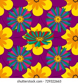 Vector floral seamless pattern. Purple, blue and yellow background wallpaper illustration with purple, blue and yellow flowers and vintage paisley ornaments. Modern luxury texture for fabrics, textile