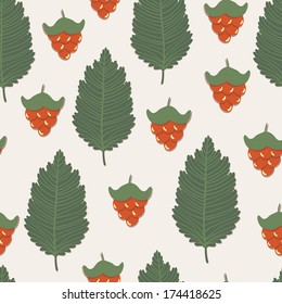 Vector floral seamless pattern with raspberries and leaves on the white background. All elements are editable.