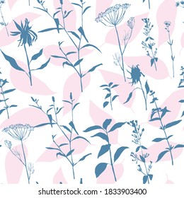 Vector floral seamless pattern. Realistic hand drawn flowers and leaves in pastel colors on white background.