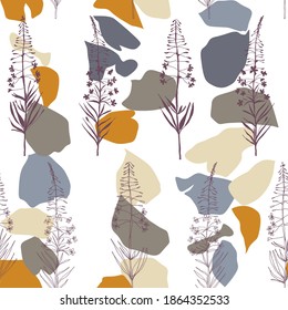 Vector floral seamless pattern. Realistic hand drawn flowers and leaves in pastel colors on white background.
