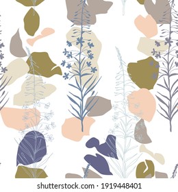 Vector floral seamless pattern. Realistic hand drawn flowers and leaves in pastel colors on white background.
