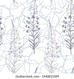 Vector floral seamless pattern. Realistic fireweed flowers and leaves in pastel colors on white background.
