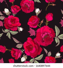 Vector floral seamless pattern with red roses and chrysanthemums