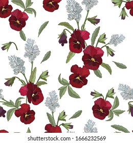 Vector floral seamless pattern with red pansies and white flowers