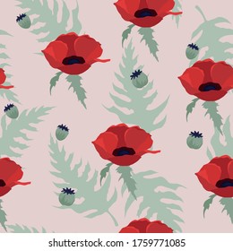 Vector floral seamless pattern. Red poppies, light green leaves and light pink background 