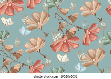 Vector floral seamless pattern. Red, beige, blue flowers and butterflies on a dirty blue background. Retro style.