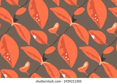 Vector floral seamless pattern. Red leaves on a branches isolated on a grey background.