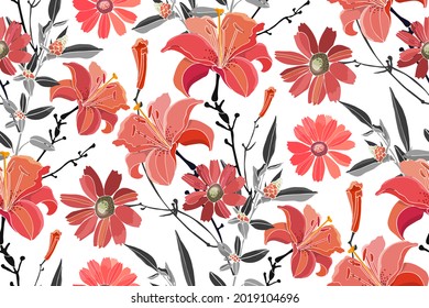 Vector floral seamless pattern. Red lilies, daylilies, wormwood, quinoa, grey leaves. Vector flowers, buds, leaves and herbs isolated on a white background.