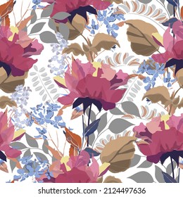 Vector floral seamless pattern. Red garden flowers isolated on a white. An illustration with repeating floral elements for wallpapers, fabrics, and more.