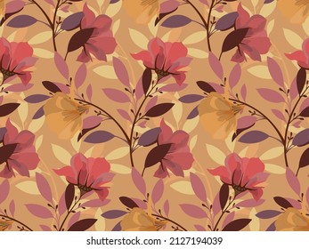 Vector floral seamless pattern. Red, maroon, yellow flowers and twigs with leaves on a sandy background.