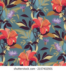 Vector floral seamless pattern. Red and purple lilies and cornflowers isolated on a blue-green background. Flower illustration for surface decoration.