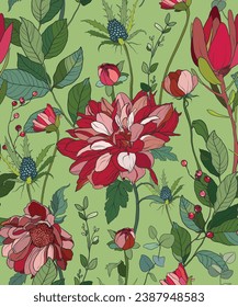 Vector floral seamless pattern of red and pink chrysanthemum. Hand painted flowers illustration isolated on green background. For design, print, fabric or background.