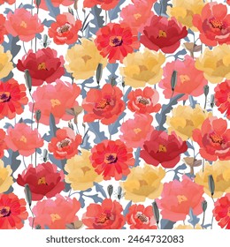 Vector floral seamless pattern with red and yellow flowers. Poppies, peonies, zinnias flowers with buds, seeds, leaves on a white background.