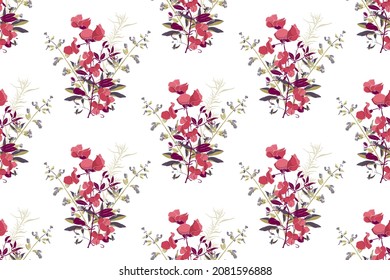 Vector floral seamless pattern. Repetitive bouquets of coral-colored flowers with purple and olive-colored leaves and twigs. Floral elements isolated on a white background.